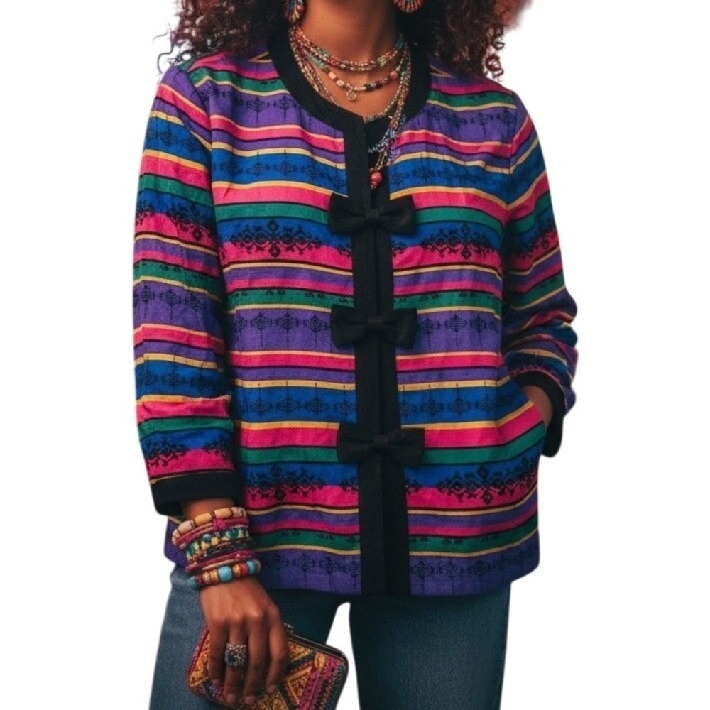 Vintage 100% Silk Striped Jacket 16 Maximalist Twee Dopamine Multicolor Rainbow